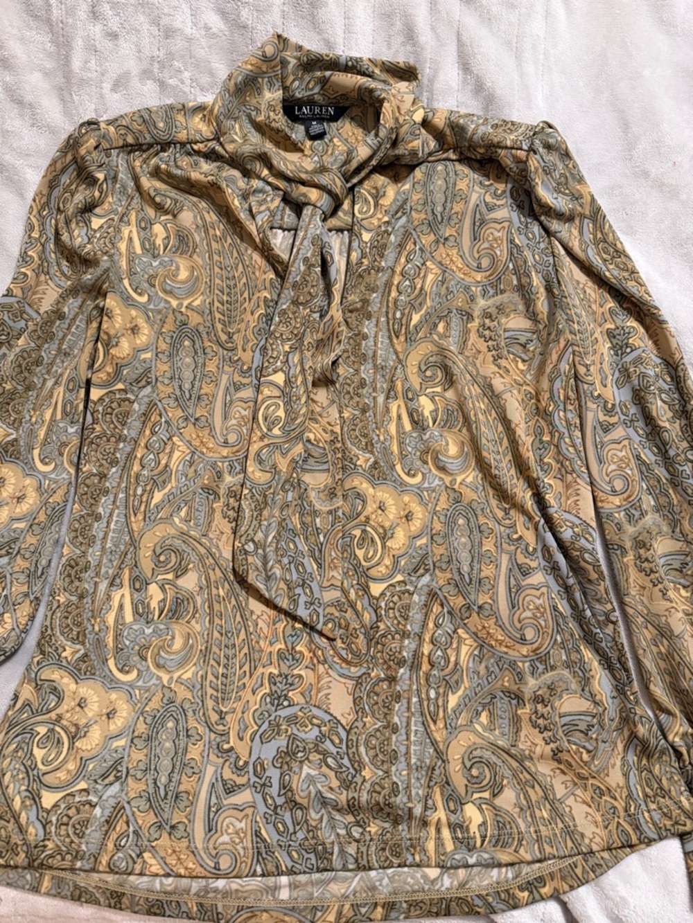 Lauren Ralph Lauren Paisley Tie-Neck Blouse in Tan and Gray